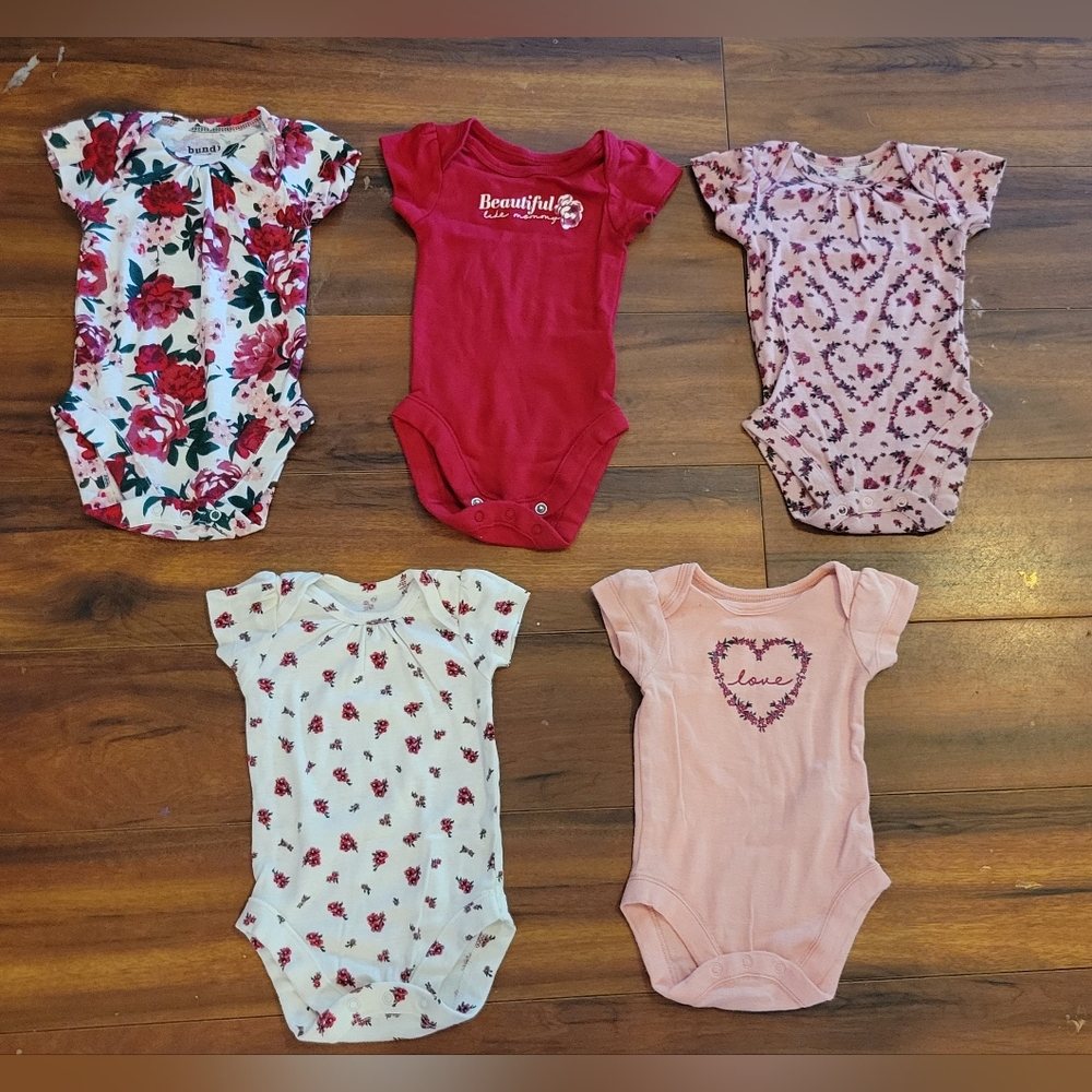 EUC Girl's Floral, Pink and Hearts One Piece Snap In Crotch Short Sleeves